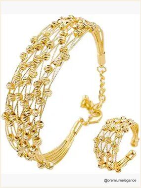 Gold Bracelet and Ring Jewelry Set - Trendy Bangle Set for Women